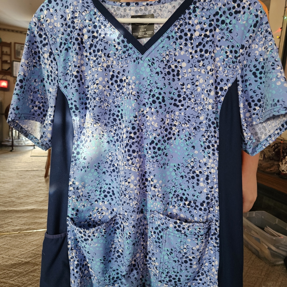 Blue Patterned Scrub Top